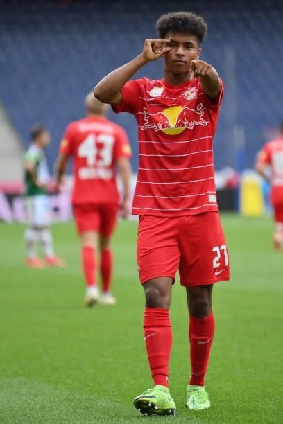 Karim Adeyemi of FC Red Bull Salzburg celebrates after scoring his team's third goal during the Admiral Bundesliga match between FC Red Bull Salzburg...