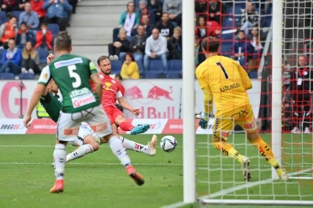 Andreas Ulmer of FC Red Bull Salzburg scores his team's fifth goal during the Admiral Bundesliga match between FC Red Bull Salzburg and SV Ried at...