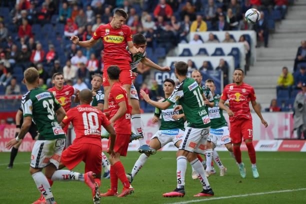 Benjamin Sesko of FC Red Bull Salzburg scores his team's sixth goal with a header during the Admiral Bundesliga match between FC Red Bull Salzburg...