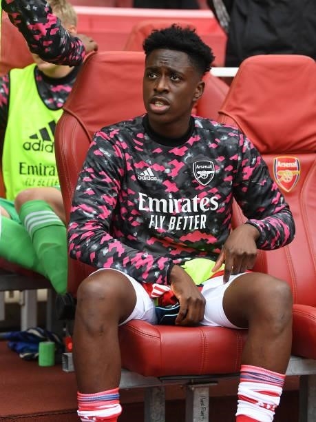 Arsenal substitute Sambi before the pre season friendly between Arsenal and Chelsea at Emirates Stadium on August 01, 2021 in London, England.