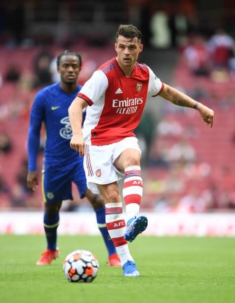 Granit Xhaka of Arsenal during the pre season friendly between Arsenal and Chelsea at Emirates Stadium on August 01, 2021 in London, England.