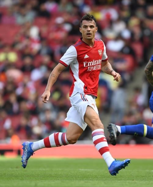 Granit Xhaka of Arsenal during the pre season friendly between Arsenal and Chelsea at Emirates Stadium on August 01, 2021 in London, England.