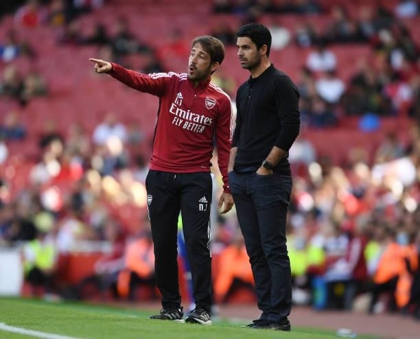 Arsenal manager Mikel Arteta and assistant coach Nicolas Cover during the pre season friendly between Arsenal and Chelsea at Emirates Stadium on...