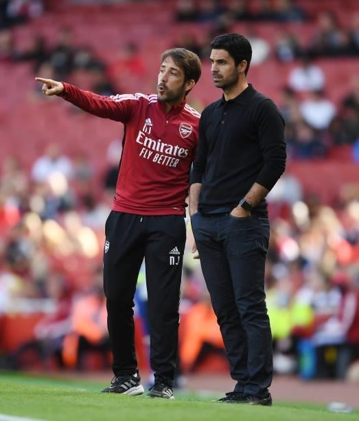Arsenal manager Mikel Arteta and assistant coach Nicolas Cover during the pre season friendly between Arsenal and Chelsea at Emirates Stadium on...