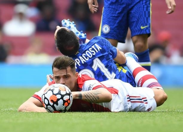 Granit Xhaka of Arsenal challenges Davide Zappacosta of Chelsea during the pre season friendly between Arsenal and Chelsea at Emirates Stadium on...