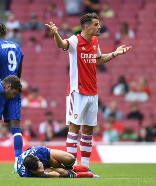 Granit Xhaka of Arsenal challenges Davide Zappacosta of Chelsea during the pre season friendly between Arsenal and Chelsea at Emirates Stadium on...