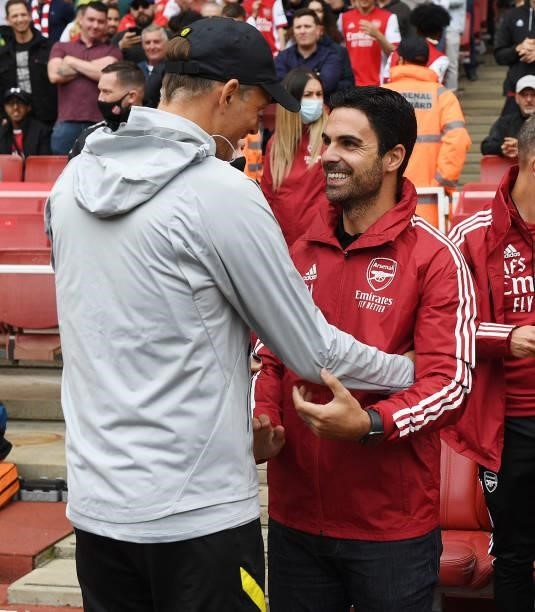Arsenal manager Mikel Arteta with Chelsea Head Coach Thomas Tuchel before the pre season friendly between Arsenal and Chelsea at Emirates Stadium on...