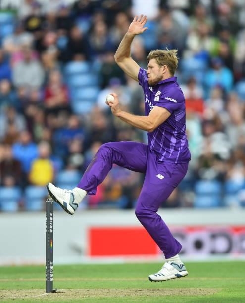 David Willey of Northern Superchargers bowls during The Hundred match between Northern Superchargers Men and Oval Invincibles Men at Emerald...