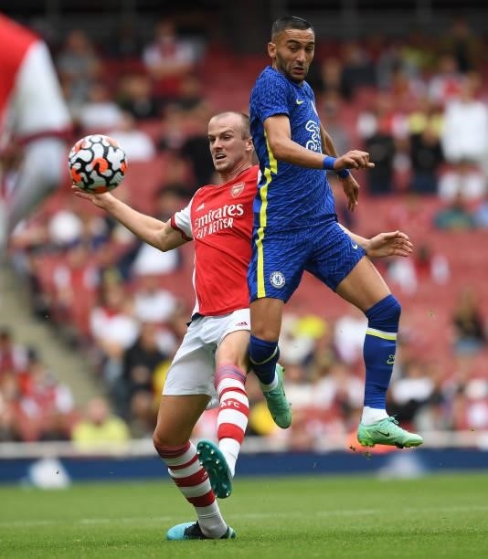 Rob Holding of Arsenal challenges Hakim Ziyech of Chelsea during the pre season friendly between Arsenal and Chelsea at Emirates Stadium on August...