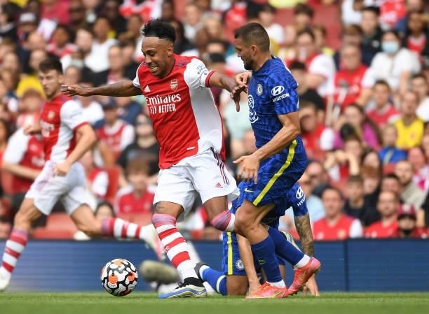 Pierre-Emerick Aubameyang of Arsenal holds off Mateo Kovacic of Chelsea during the pre season friendly between Arsenal and Chelsea at Emirates...