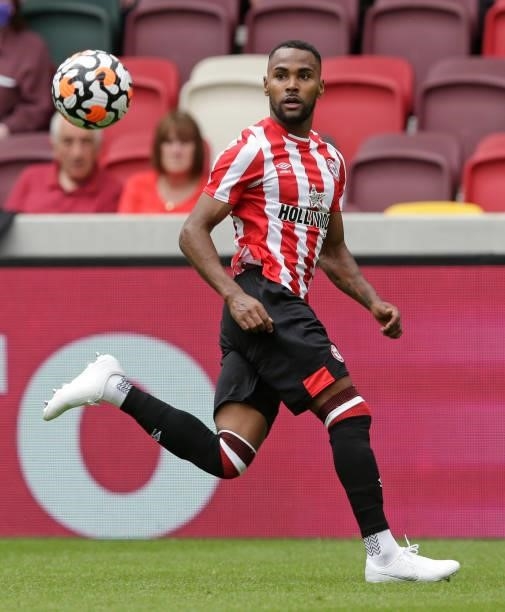 Rico Henry of Brentford during the pre season friendly match between Brentford and West Ham United at Brentford Community Stadium on July 31, 2021 in...