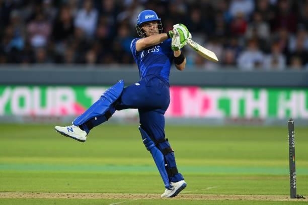 Josh Inglis of London Spirit hooks for six during The Hundred match between London Spirit Men and Southern Brave Men at Lord's Cricket Ground on...