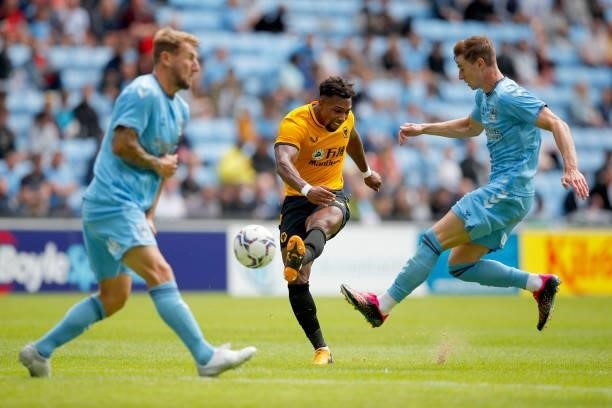 Adama Traore of Wolverhampton Wanderers shoots at goal during the Pre-Season Friendly between Coventry City and Wolverhampton Wanderers at Coventry...