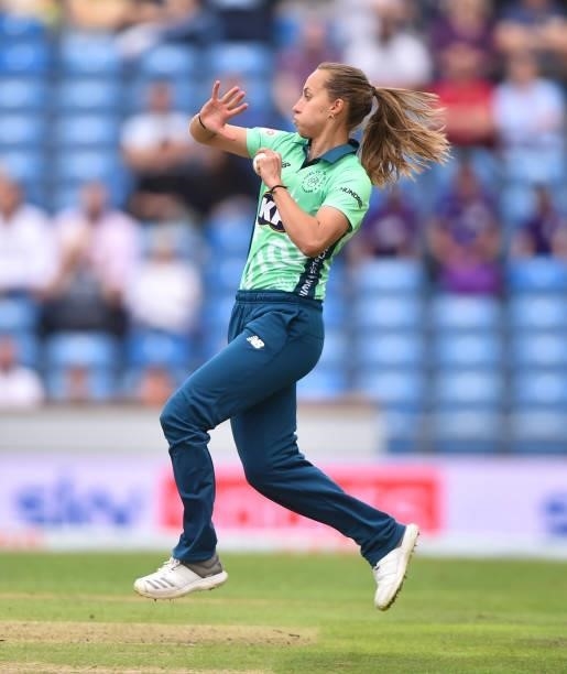 Tash Farrant of Oval Invicibles bowls during The Hundred match between Northern Superchargers Women and Oval Invincibles Women at Emerald Headingley...
