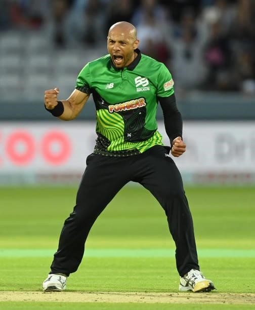 Tymal Mills of Southern Brave reacts during The Hundred match between London Spirit Men and Southern Brave Men at Lord's Cricket Ground on August 01,...