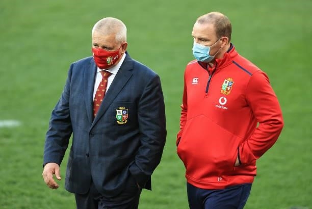 Warren Gatland, the Lions head coach talks to Tim Percival, the Lions media manager during the 2nd test match between South Africa Springboks and the...