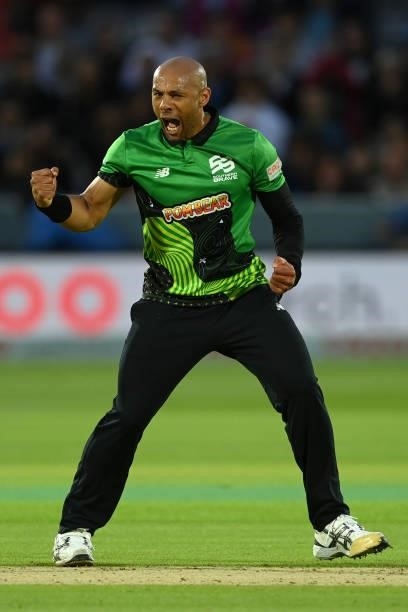Tymal Mills of Southern Brave celebrates after dismissing Mohammad Nabi of London Spirit during The Hundred match between London Spirit Men and...