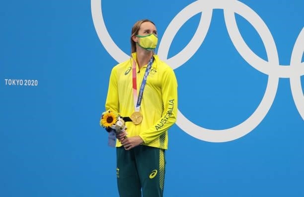 Gold Medalist Emma McKeon of Australia during the medal ceremony of the Women's 50m Freestyle Final on day nine of the swimming competition of the...