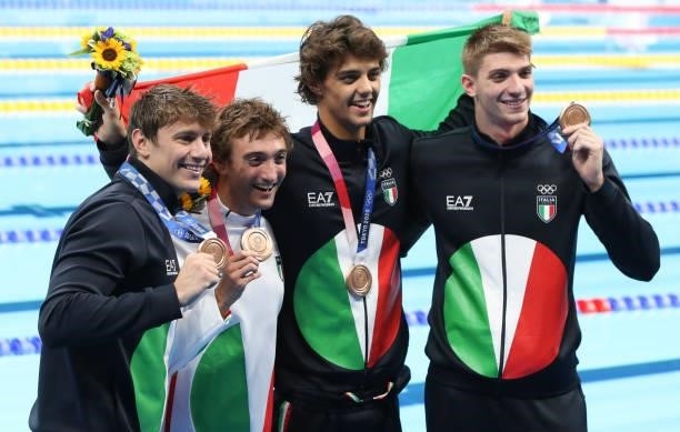 Silver Medalists of Team Great Britain - Luke Greenbanck; Adam Peaty; James Guy; Duncan Scott - during the medal ceremony of the Men's 4 x 100m...