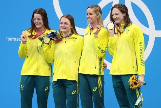 Gold Medalists of Team Australia - Kaylee McKeown; Chelsea Hodges; Emma McKeon; Cate Campbell - during the medal ceremony of the Women's 4 x 100m...