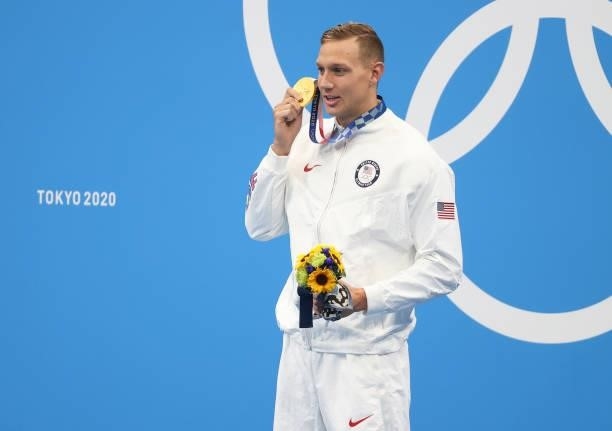 Gold Medalist Caeleb Dressel of USA during the medal ceremony of the Men's 50m Freestyle Final on day nine of the swimming competition of the Tokyo...