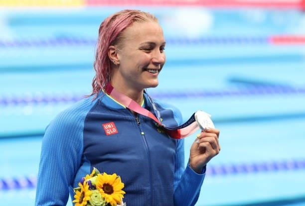 Bronze Medalist Sarah Sjoestroem of Sweden during the medal ceremony of the Women's 50m Freestyle Final on day nine of the swimming competition of...