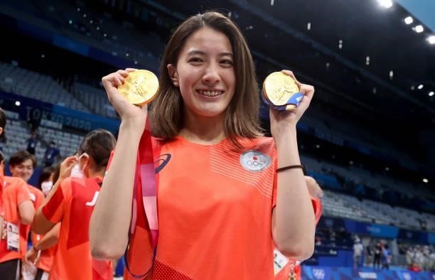 Yui Ohashi of Japan poses with her 2 Gold Medals on day nine of the swimming competition of the Tokyo 2020 Olympic Games at Tokyo Aquatics Centre on...