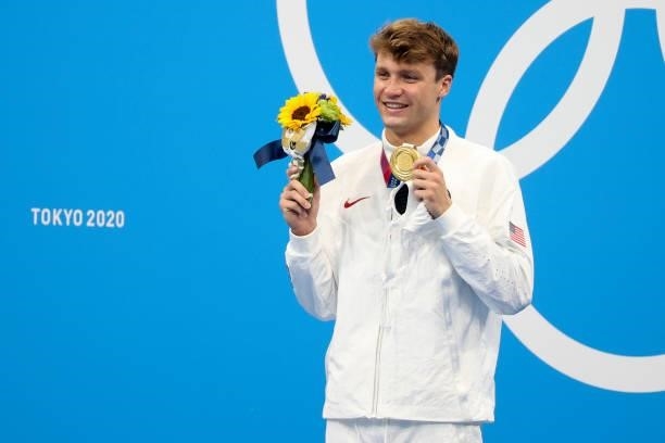 Gold Medalist Robert Fink of USA during the medal ceremony of the 1500m Freestyle Final on day nine of the swimming competition of the Tokyo 2020...