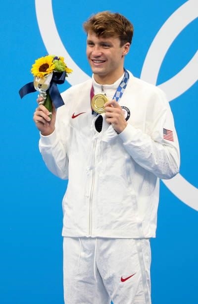 Gold Medalist Robert Fink of USA during the medal ceremony of the 1500m Freestyle Final on day nine of the swimming competition of the Tokyo 2020...
