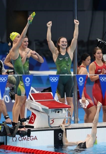 Gold Medalists of Team Australia - Kaylee McKeown; Chelsea Hodges; Emma McKeon; Cate Campbell - during the Women's 4 x 100m Medley Relay Final on day...