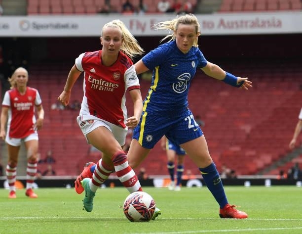 Beth Mead of Arsenal is closed down by Erin Cuthbert of Chelsea during the pre season match between Arsenal Women and Chelsea Women at Emirates...