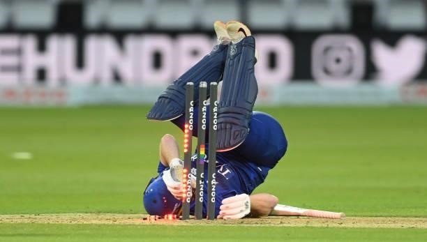 Eoin Morgan of London Spirit is run out during The Hundred match between London Spirit Men and Southern Brave Men at Lord's Cricket Ground on August...