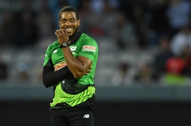 Chris Jordan of Southern Brave laughs during The Hundred match between London Spirit Men and Southern Brave Men at Lord's Cricket Ground on August...