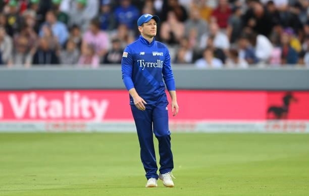 Eoin Morgan of London Spirit looks on during The Hundred match between London Spirit Men and Southern Brave Men at Lord's Cricket Ground on August...