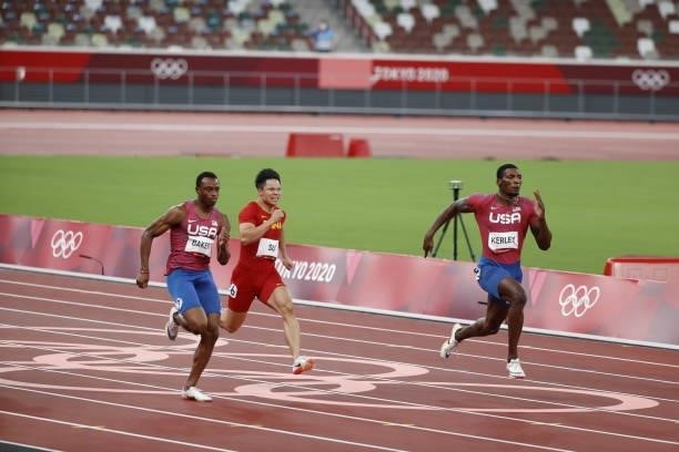 Fred Kerley of United States, Su Bingtian of China, Ronnie Baker of United States compete in the Men's 100 m final on day nine of the Tokyo 2020...