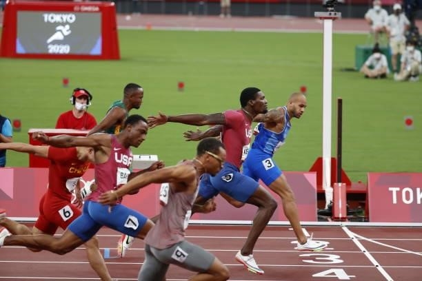 Marcell Jacobs of Italy, Fred Kerley of United States, Andre De Grasse of Canada, Akani Simbine of South Africa, Ronnie Baker of United States, Su...