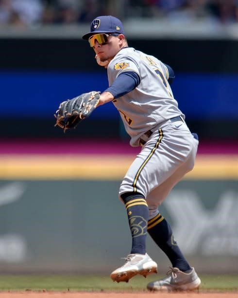 Luis Urías of the Milwaukee Brewers fields a ground ball during a game against the Atlanta Braves at Truist Park on August 1, 2021 in Atlanta,...