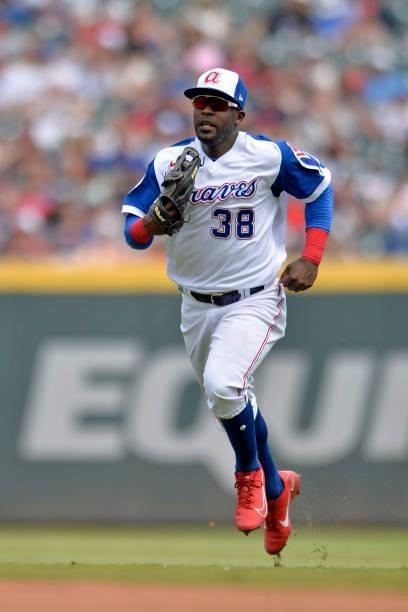 Guillermo Heredia of the Atlanta Braves returns from the outfield during a game against the Milwaukee Brewers at Truist Park on August 1, 2021 in...
