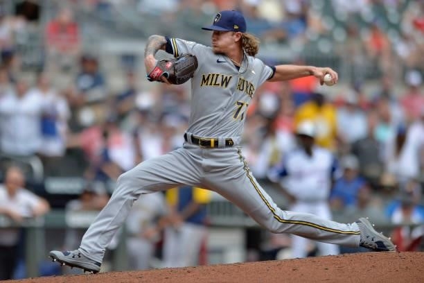 Josh Hader of the Milwaukee Brewers pitches against the Atlanta Braves at Truist Park on August 1, 2021 in Atlanta, Georgia.