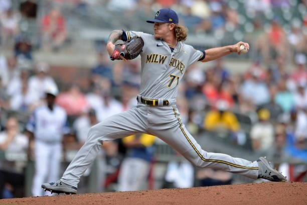Josh Hader of the Milwaukee Brewers pitches against the Atlanta Braves at Truist Park on August 1, 2021 in Atlanta, Georgia.