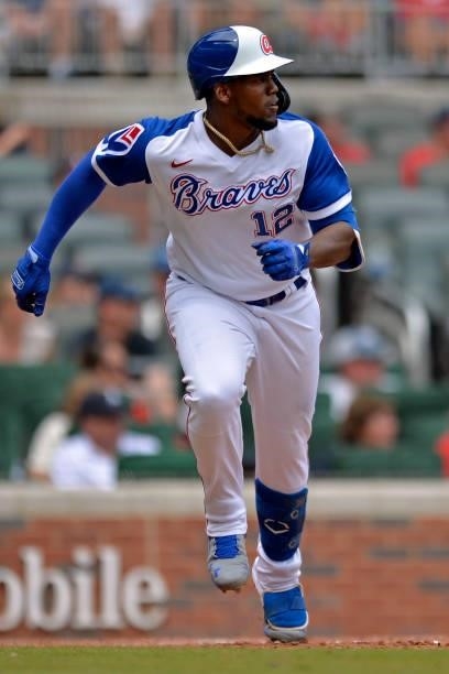 Jorge Soler of the Atlanta Braves runs to first base during a game against the Milwaukee Brewers at Truist Park on August 1, 2021 in Atlanta, Georgia.