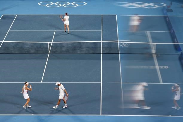 Andrey Rublev and Anastasia Pavlyuchenkova of Team ROC play Aslan Karatsev and Elena Vesnina of Team ROC during their Mixed Doubles Gold Medal match...