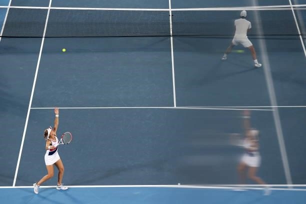 Aslan Karatsev and Elena Vesnina of Team ROC serving to Andrey Rublev and Anastasia Pavlyuchenkova of Team ROC during their Mixed Doubles Gold Medal...