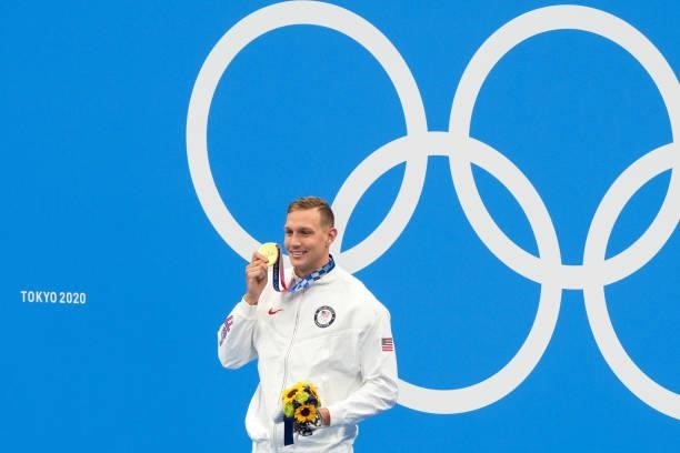 Winner Robert Finke of the United States of America with his gold medal poses for a photo during the Medal Ceremony of Swimming during the Tokyo 2020...