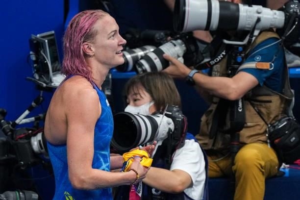 Sarah Sjoestroem of Sweden after competing in the Women's 50m Freestyle during the Tokyo 2020 Olympic Games at the Tokyo Aquatics Centre on August 1,...