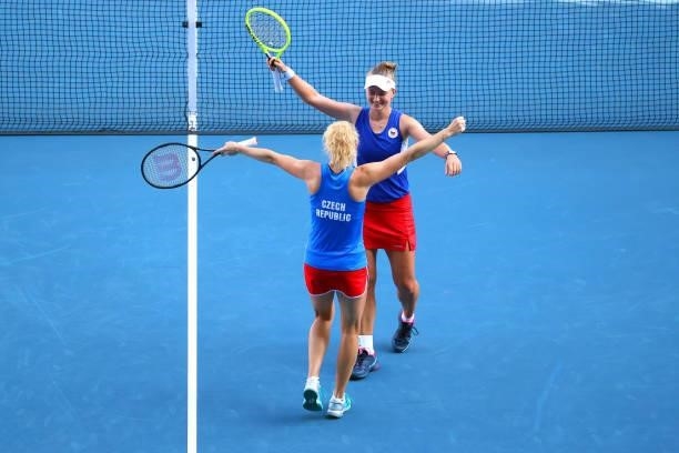 Katerina Siniakova and Barbora Krejcikova of Team Czech Republic celebrate after defeating Belinda Bencic and Viktorija Golubic of Team Switzerland...