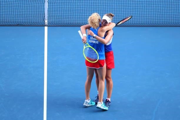 Katerina Siniakova and Barbora Krejcikova of Team Czech Republic celebrate after defeating Belinda Bencic and Viktorija Golubic of Team Switzerland...