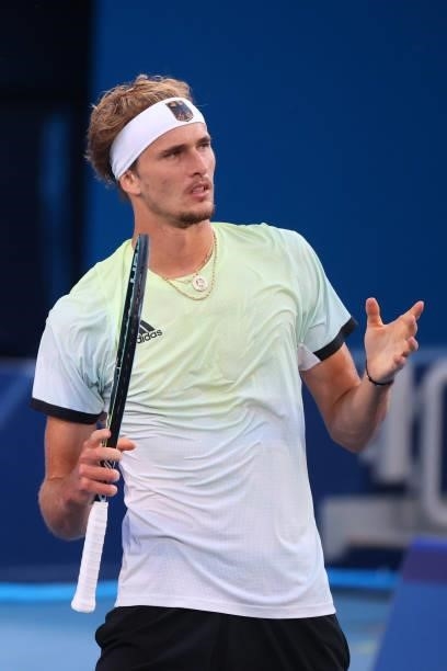 Alexander Zverev of Team Germany reacts against Karen Khachanov of Team Russian Olympic Committee during the Men's Singles Gold Medal Match on day...