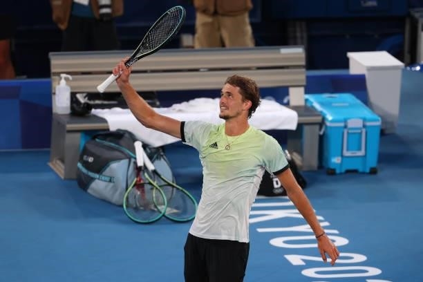 Alexander Zverev of Team Germany reacts after defeating Karen Khachanov of Team Russian Olympic Committee to win the Men's Singles Gold Medal Match...