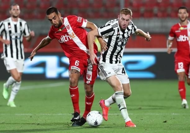 Dejan Kulusevski of Juventus FC competes for the ball with Giuseppe Bellusci of AC Monza during the AC Monza v Juventus FC - Trofeo Berlusconi at...